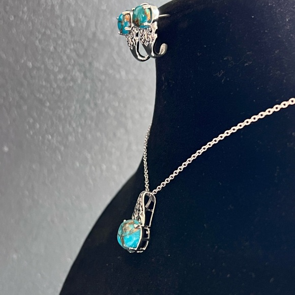 316L SS Vintage Style Scroll Half Hoop Turquoise & Pyrite Earring Pendant Lot - Picture 5 of 7